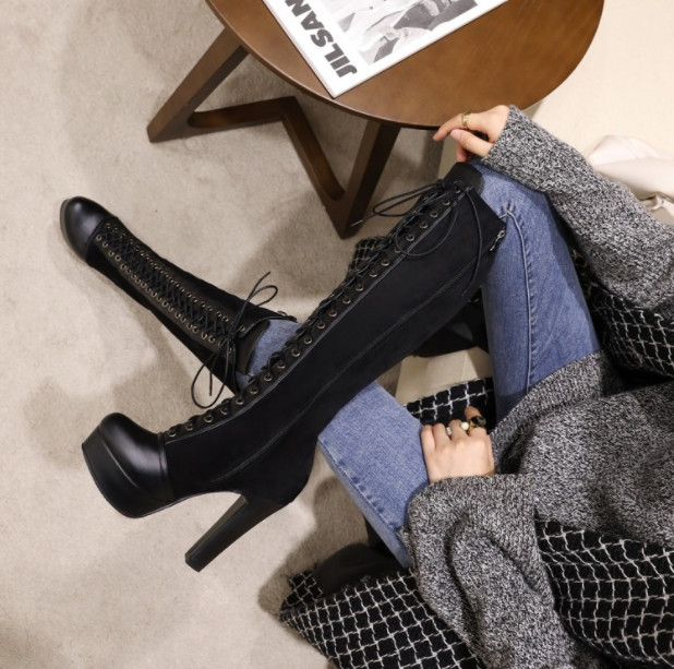 ロングブーツ レディース 厚底 編み上げブーツ ニーハイブーツ ハイヒール 歩きやすい美脚 レースアップ 通勤 12CM 膝丈 ブーツ 疲れない ブーツ カジュアル 