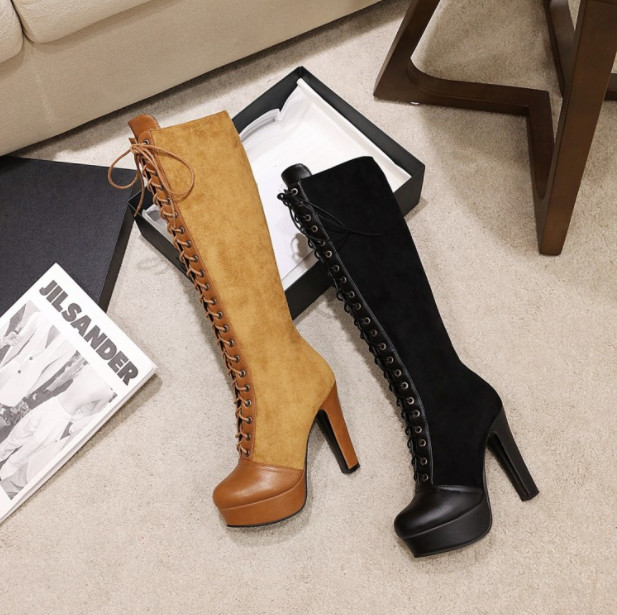 ロングブーツ レディース 厚底 編み上げブーツ ニーハイブーツ ハイヒール 歩きやすい美脚 レースアップ 通勤 12CM 膝丈 ブーツ 疲れない ブーツ カジュアル 