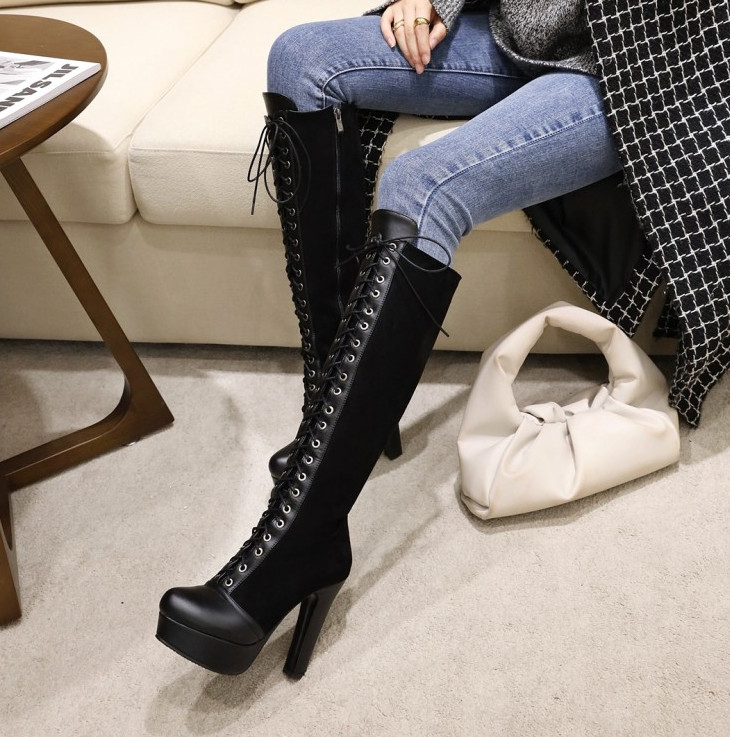ロングブーツ レディース 厚底 編み上げブーツ ニーハイブーツ ハイヒール 歩きやすい美脚 レースアップ 通勤 12CM 膝丈 ブーツ 疲れない ブーツ カジュアル 