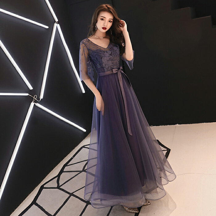 カラードレス パーティードレス 演奏会 発表会 イブニングドレス フォーマルドレス コンクール ブルー カクテルドレス コンサート Vネック 袖あり ファスナー 