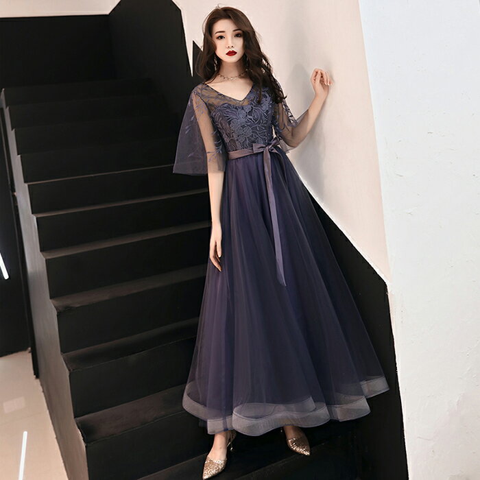 カラードレス パーティードレス 演奏会 発表会 イブニングドレス フォーマルドレス コンクール ブルー カクテルドレス コンサート Vネック 袖あり ファスナー 