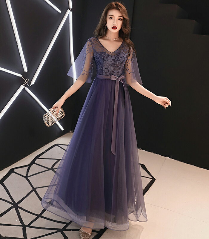 カラードレス パーティードレス 演奏会 発表会 イブニングドレス フォーマルドレス コンクール ブルー カクテルドレス コンサート Vネック 袖あり ファスナー 