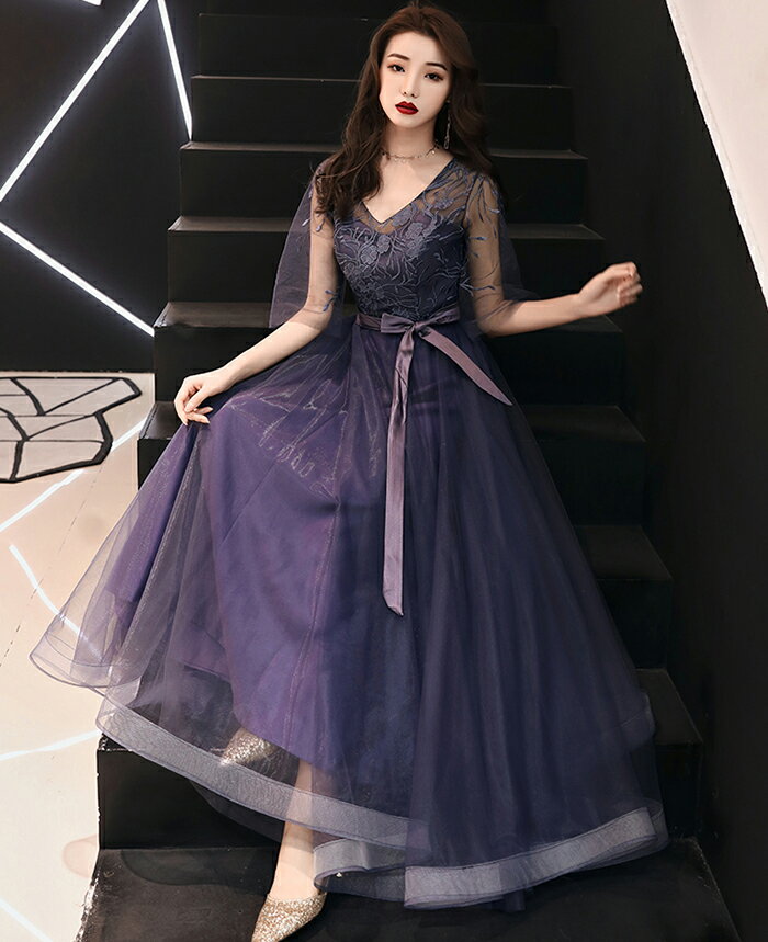 カラードレス パーティードレス 演奏会 発表会 イブニングドレス フォーマルドレス コンクール ブルー カクテルドレス コンサート Vネック 袖あり ファスナー 