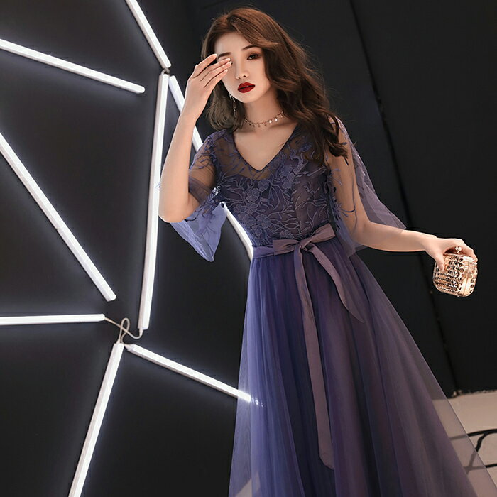 カラードレス パーティードレス 演奏会 発表会 イブニングドレス フォーマルドレス コンクール ブルー カクテルドレス コンサート Vネック 袖あり ファスナー 