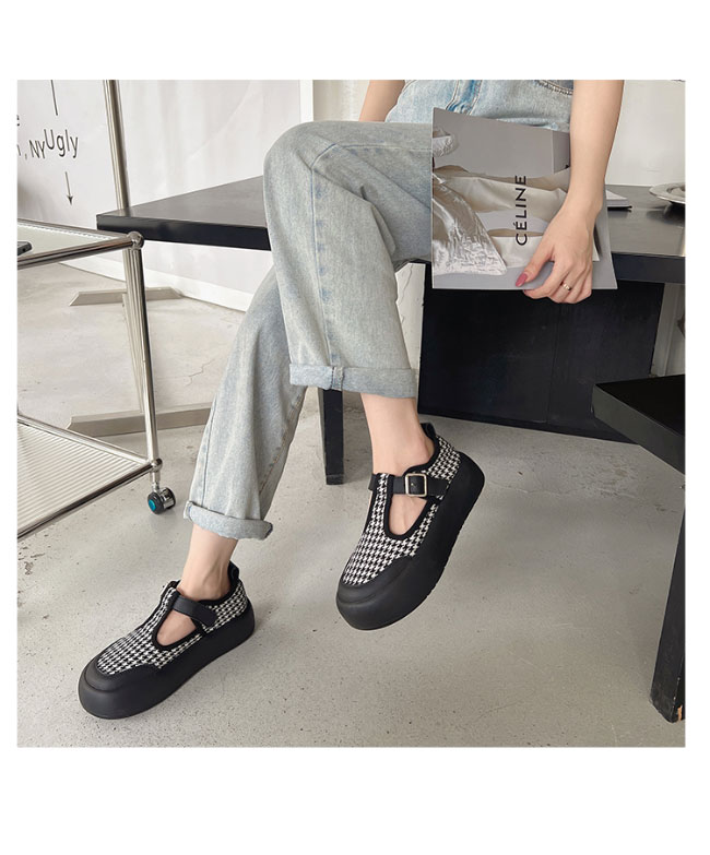 送料無料 ローファー レディース フラット千鳥柄 厚底 ベルトパンプス 厚底ローファー レトロ 女性 楽ちん チェック柄 フラット底 ラウンドトゥ 
