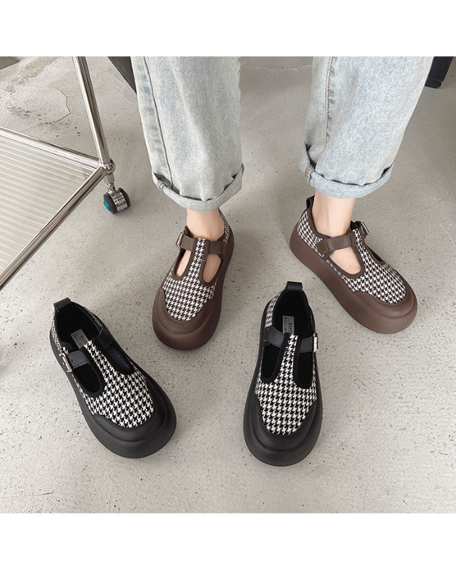 送料無料 ローファー レディース フラット千鳥柄 厚底 ベルトパンプス 厚底ローファー レトロ 女性 楽ちん チェック柄 フラット底 ラウンドトゥ 