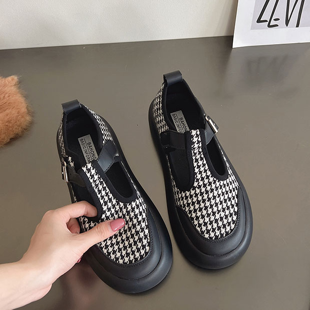送料無料 ローファー レディース フラット千鳥柄 厚底 ベルトパンプス 厚底ローファー レトロ 女性 楽ちん チェック柄 フラット底 ラウンドトゥ 