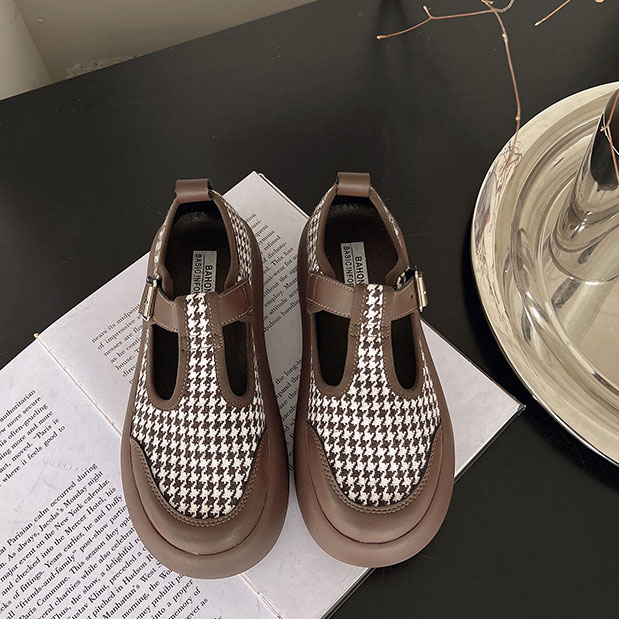 送料無料 ローファー レディース フラット千鳥柄 厚底 ベルトパンプス 厚底ローファー レトロ 女性 楽ちん チェック柄 フラット底 ラウンドトゥ 