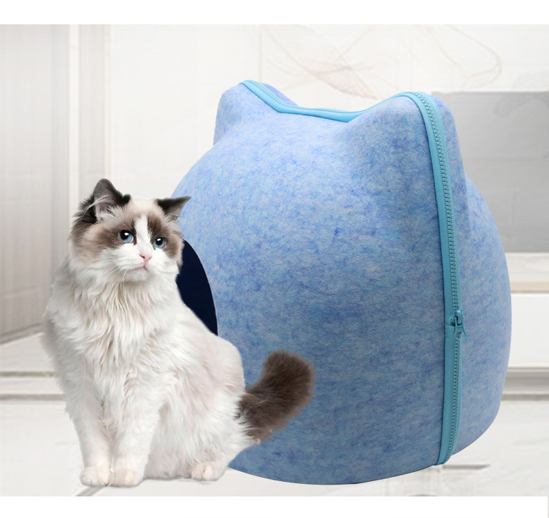 猫耳付き ドーム型キャットハウス 秋冬 猫ハウス 洗える クッション付き 冷房対策 猫ベッド 前後セパレート式 可愛い あったか フェルト素材 ねこのおうち 家 