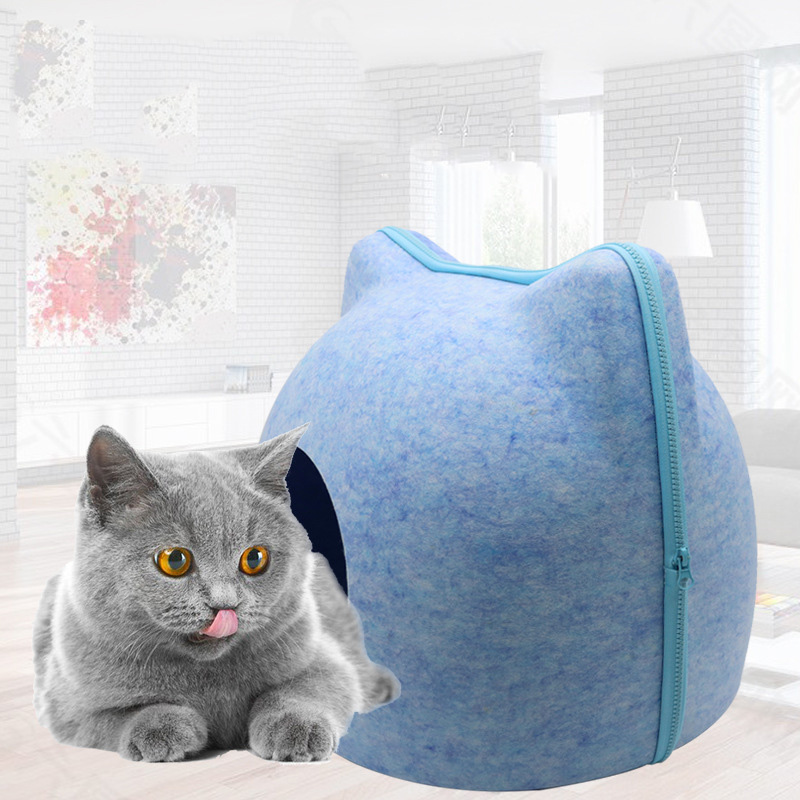 猫耳付き ドーム型キャットハウス 秋冬 猫ハウス 洗える クッション付き 冷房対策 猫ベッド 前後セパレート式 可愛い あったか フェルト素材 ねこのおうち 家 