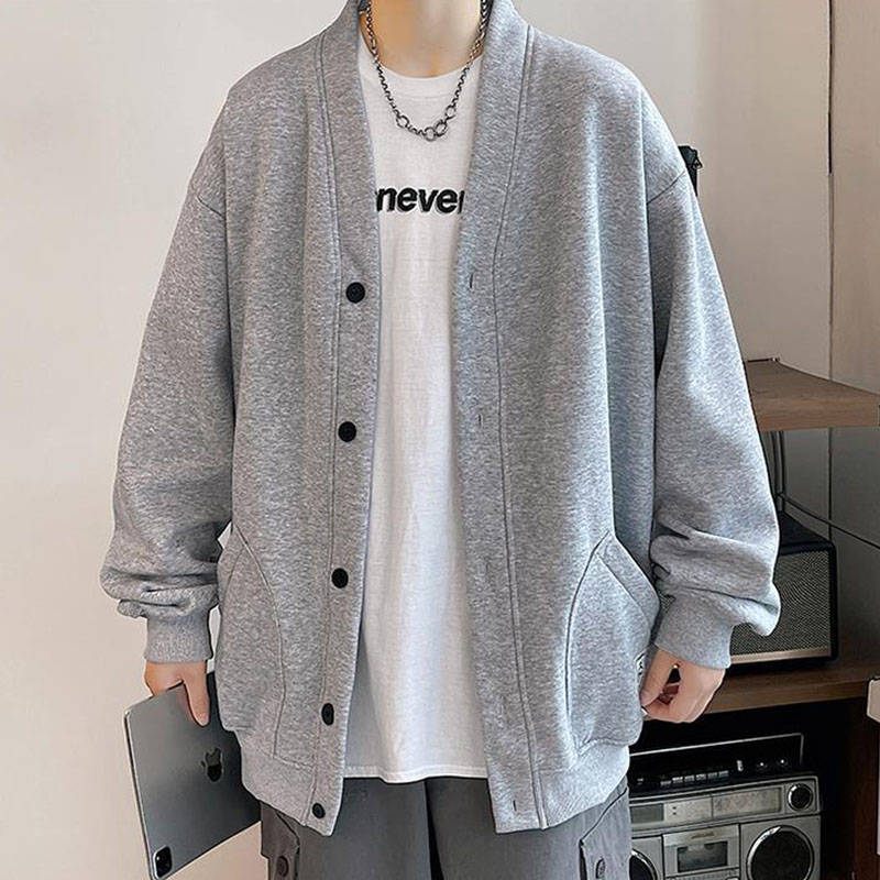 ビッグシルエット スウェットカーディガン 韓国 ファッション ボタン 病みかわいい 長袖 羽織り 無地 メンズ アウター スウェット カーディガン 