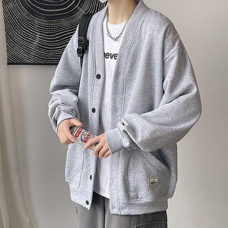 ビッグシルエット スウェットカーディガン 韓国 ファッション ボタン 病みかわいい 長袖 羽織り 無地 メンズ アウター スウェット カーディガン 