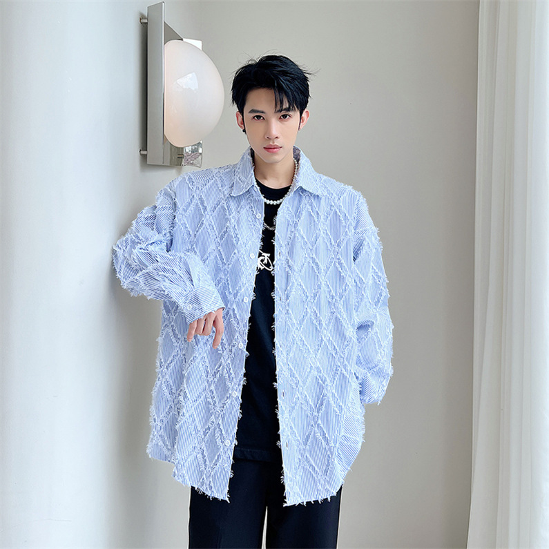 メンズ シャツ カジュアルシャツ 長袖 菱形 ワーク 公演 クラブ 男子トップス ダンスウェア 発表会 ブルー 春秋 スタイリッシュ 上着 