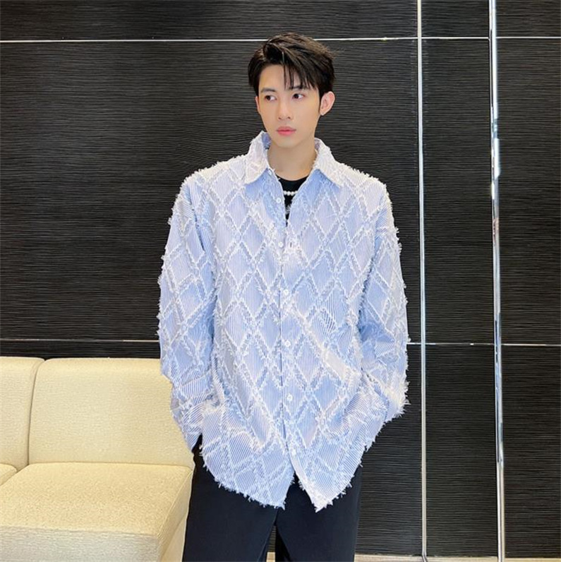 メンズ シャツ カジュアルシャツ 長袖 菱形 ワーク 公演 クラブ 男子トップス ダンスウェア 発表会 ブルー 春秋 スタイリッシュ 上着 