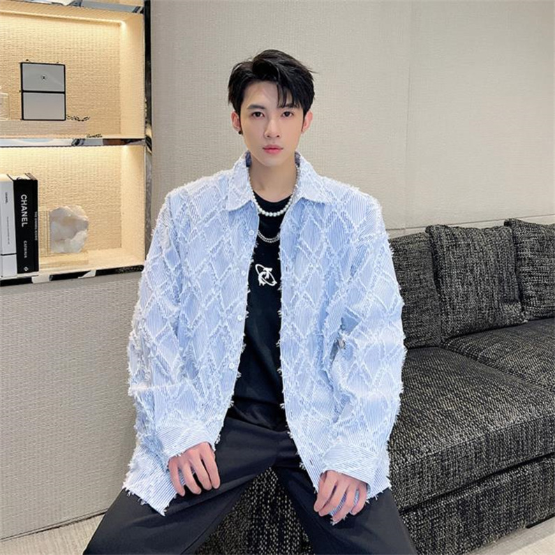 メンズ シャツ カジュアルシャツ 長袖 菱形 ワーク 公演 クラブ 男子トップス ダンスウェア 発表会 ブルー 春秋 スタイリッシュ 上着 