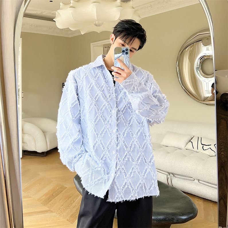 メンズ シャツ カジュアルシャツ 長袖 菱形 ワーク 公演 クラブ 男子トップス ダンスウェア 発表会 ブルー 春秋 スタイリッシュ 上着 