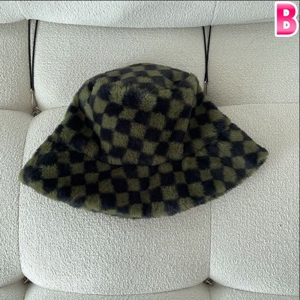 フラッグ チェック柄 ボア ファー バケットハット バケハ K-POP ダンス 原宿系 ストリート オルチャン 衣装 HIPHOP レディース Y2K 韓国 