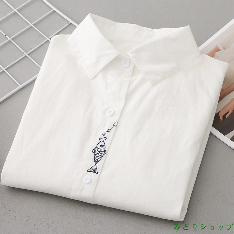 シャツ ブラウス ホワイト 白 魚 長袖 レディース 森ガール 