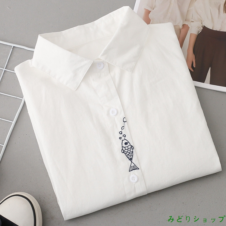 シャツ ブラウス ホワイト 白 魚 長袖 レディース 森ガール 