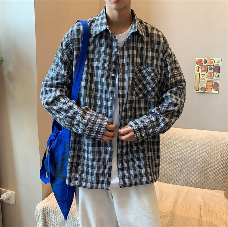 メンズ シャツ カジュアルシャツ 長袖 無地 ワーク 通学 普段着 春秋 チェック柄 通勤 上着 スタイリッシュ ポケット スクール 男子トップス 青少年 