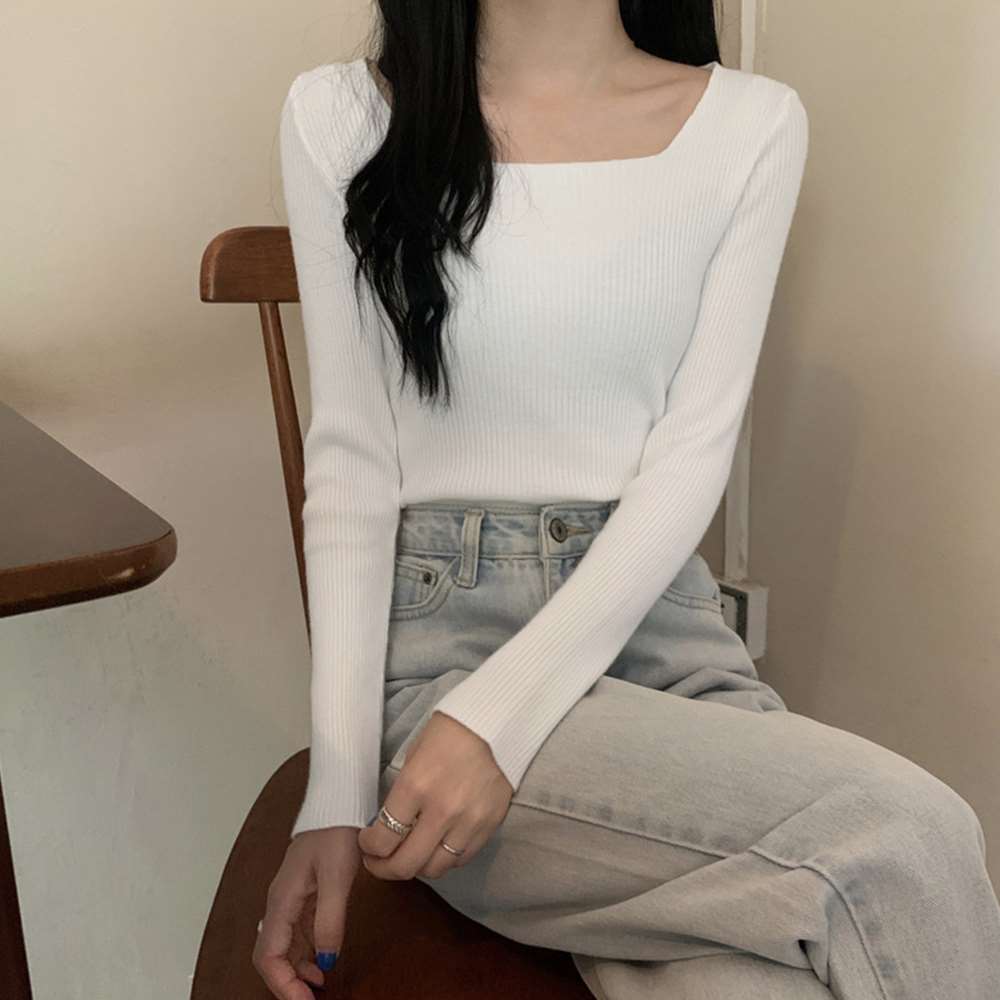 スクエアネックリブ ニット トップス  