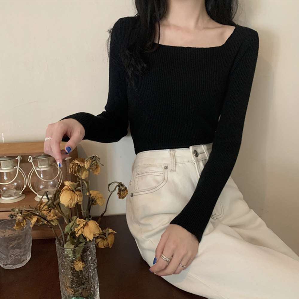 スクエアネックリブ ニット トップス  