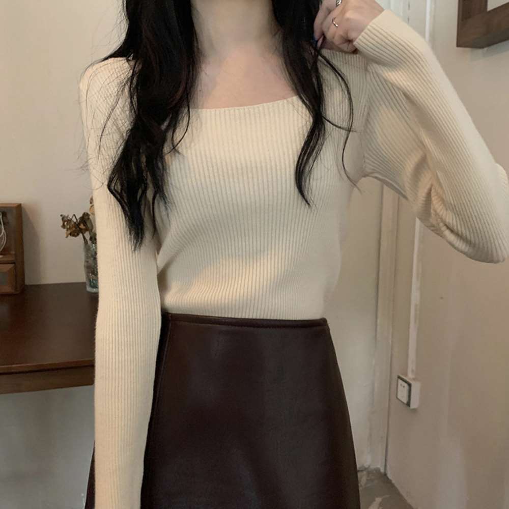 スクエアネックリブ ニット トップス  