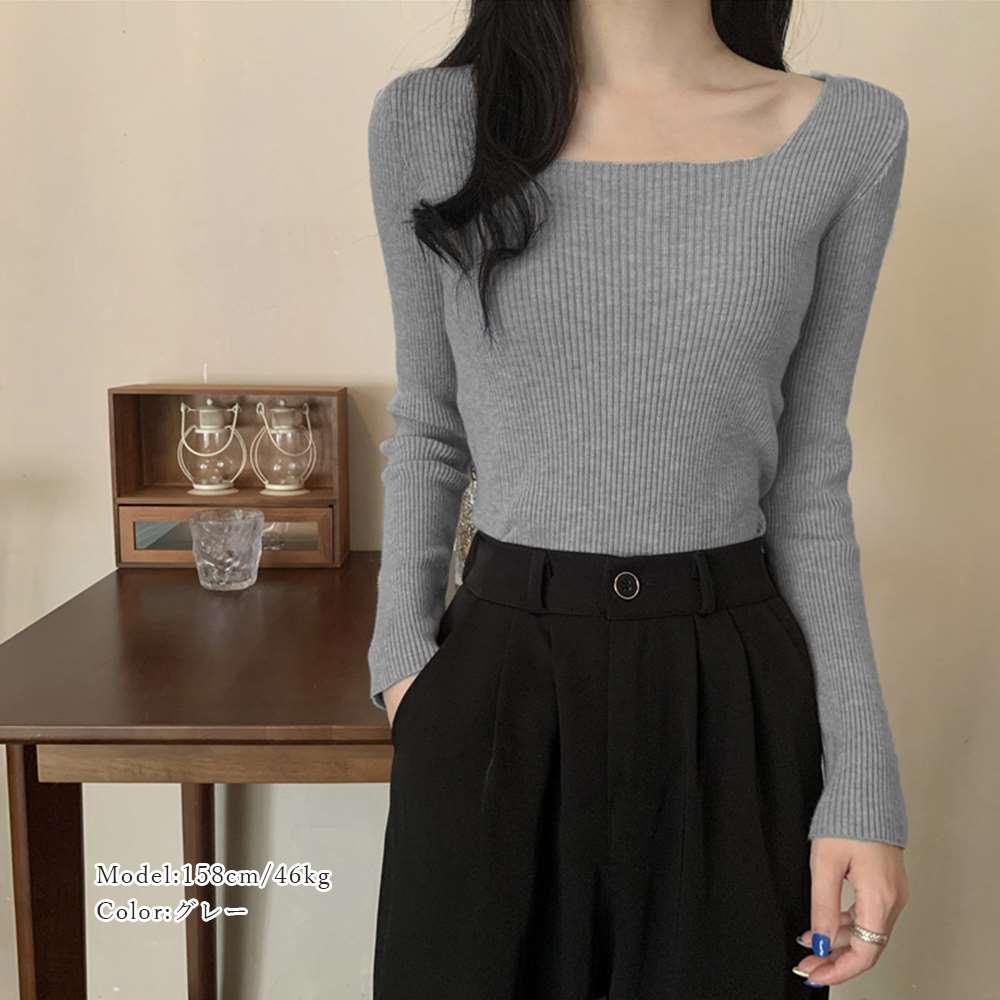 スクエアネックリブ ニット トップス  