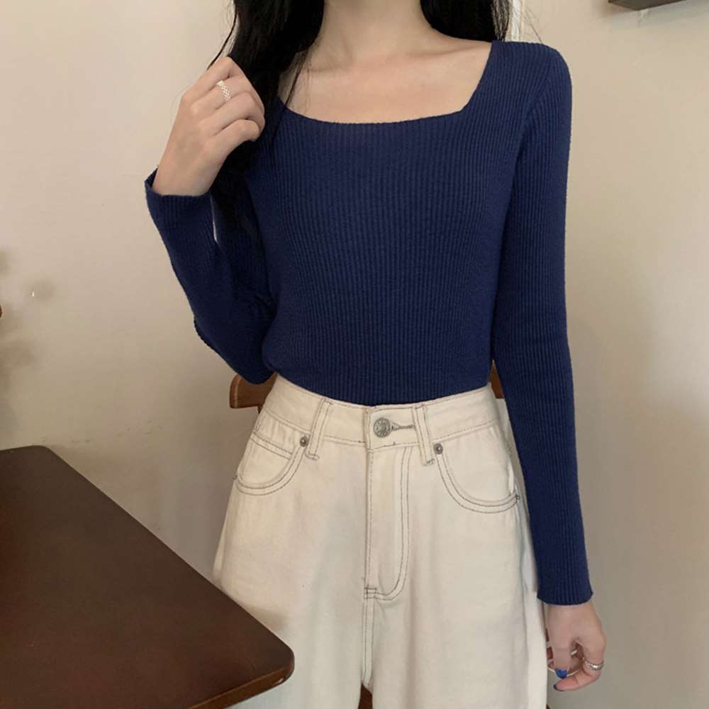 スクエアネックリブ ニット トップス  