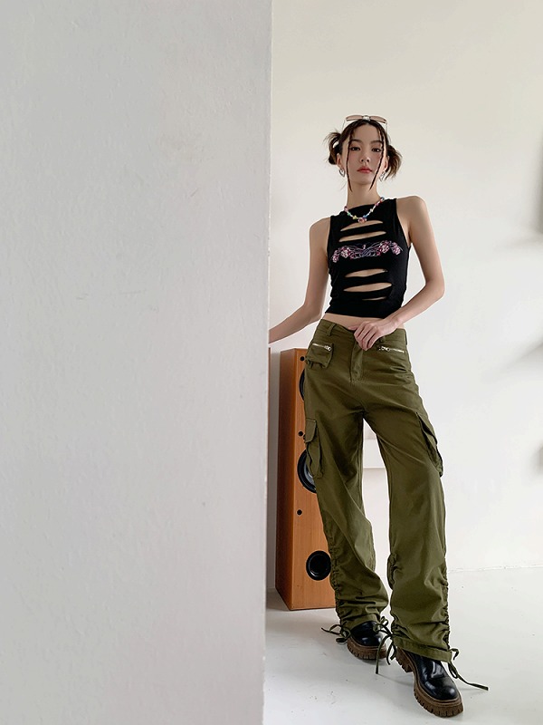 シャーリング カーゴパンツ 韓国 ストリート オルチャン HIPHOP K-POP 原宿系 レディース 衣装 ダンス 