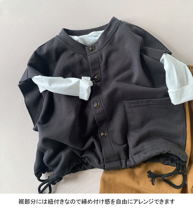 送料無料 ベスト キッズ ライトアウター 無地 クルーネック ノースリーブ シンプル ゆったり ポケット付き 前ボタン 紐付き 春秋 前開き 