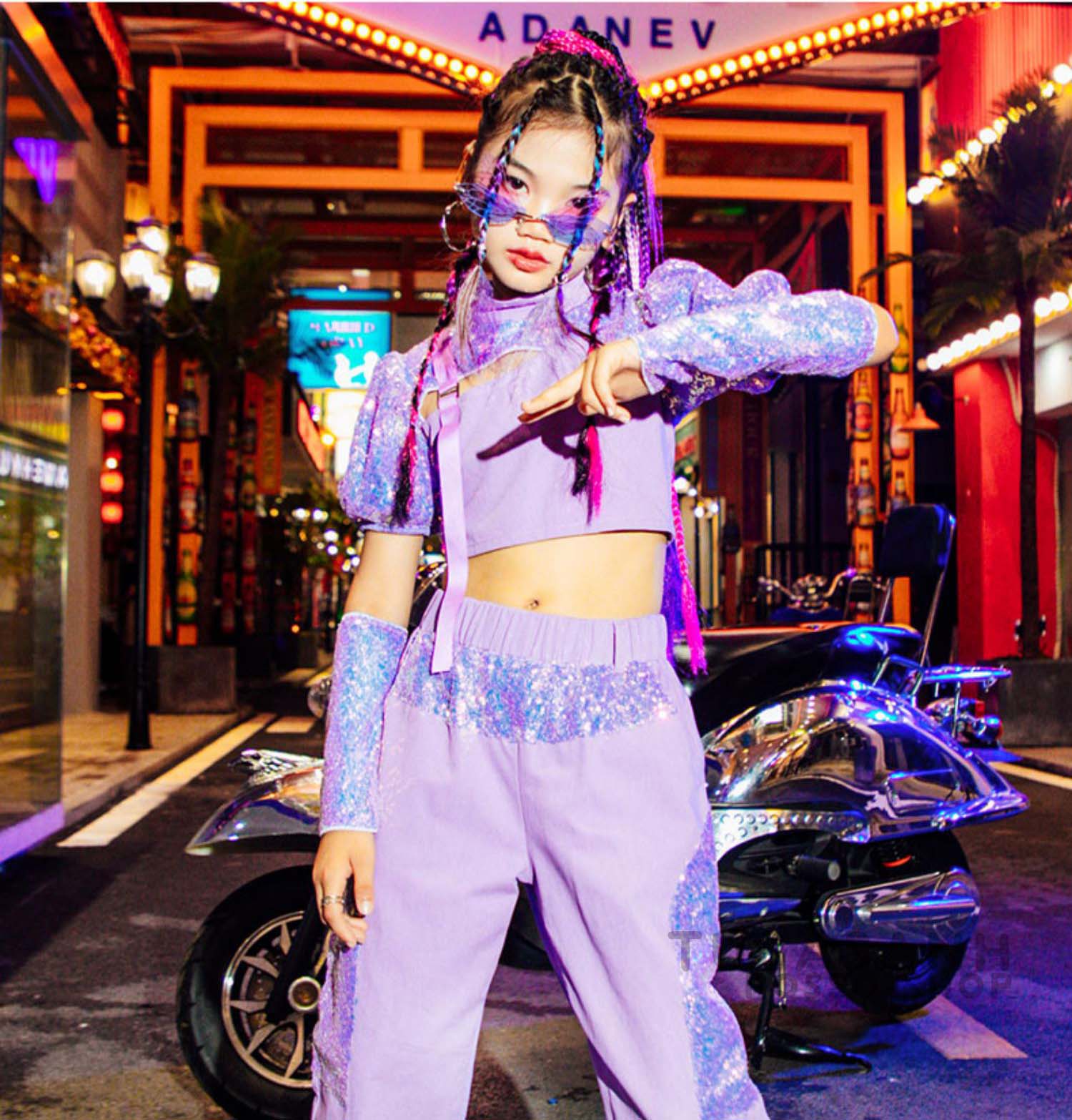 ダンス 衣装 キッズ 韓国 ガールズ 紫 ジャズダンス 応援団 HIPHOP スパンセットアップ ヒップホップ 練習着 