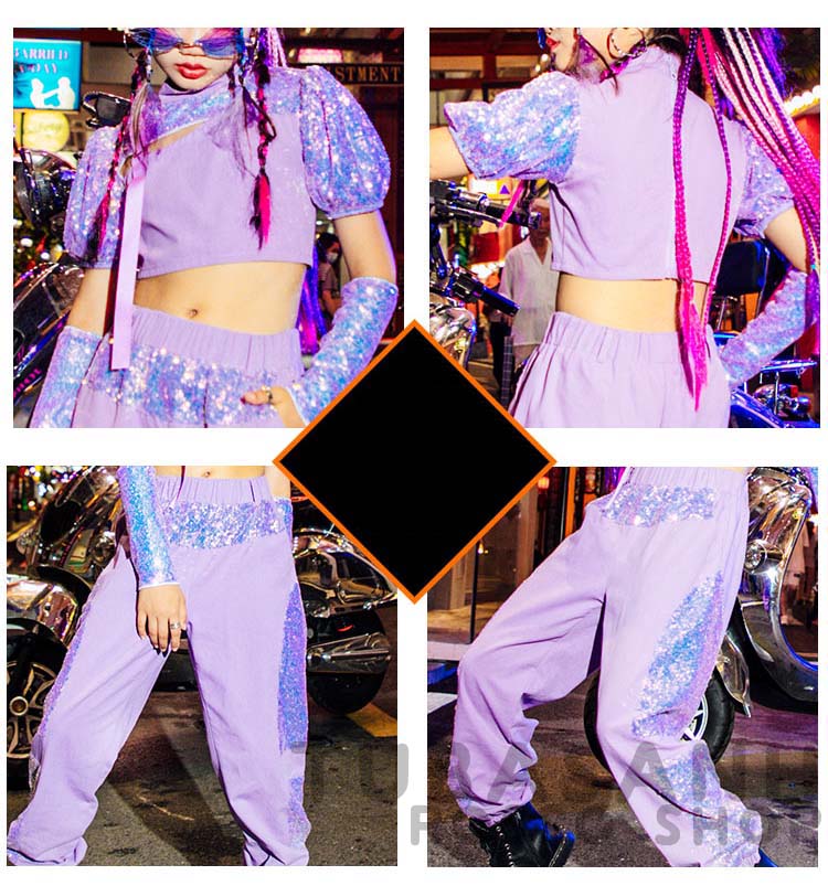 ダンス 衣装 キッズ 韓国 ガールズ 紫 ジャズダンス 応援団 HIPHOP スパンセットアップ ヒップホップ 練習着 
