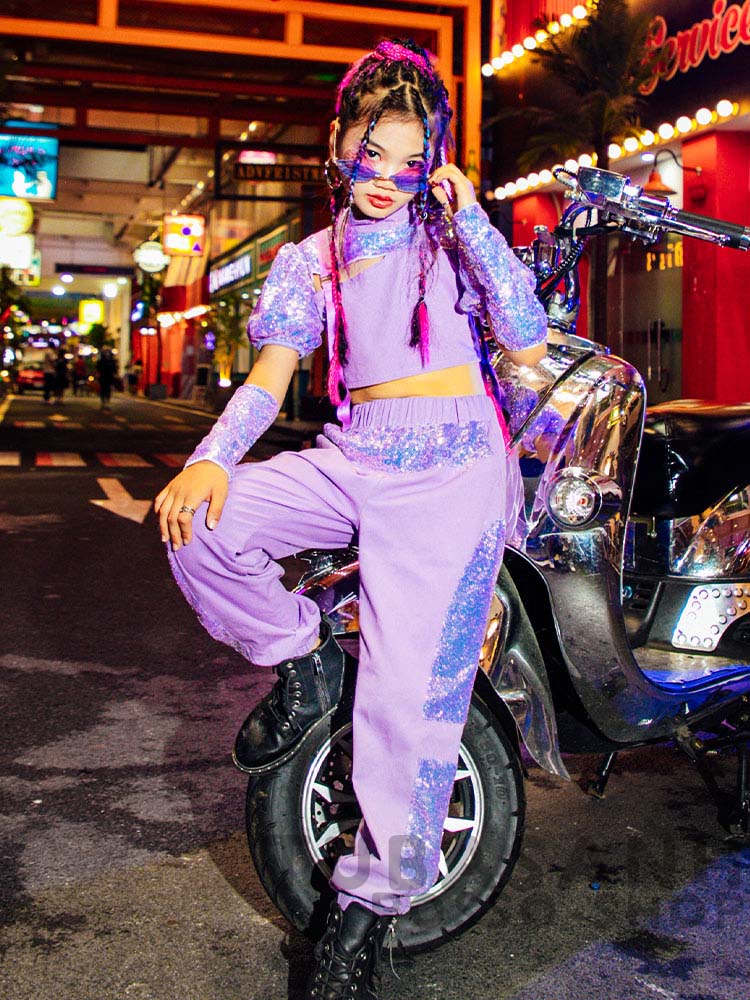 ダンス 衣装 キッズ 韓国 ガールズ 紫 ジャズダンス 応援団 HIPHOP スパンセットアップ ヒップホップ 練習着 