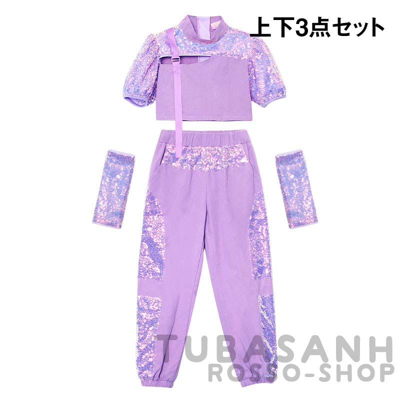 ダンス 衣装 キッズ 韓国 ガールズ 紫 ジャズダンス 応援団 HIPHOP スパンセットアップ ヒップホップ 練習着 