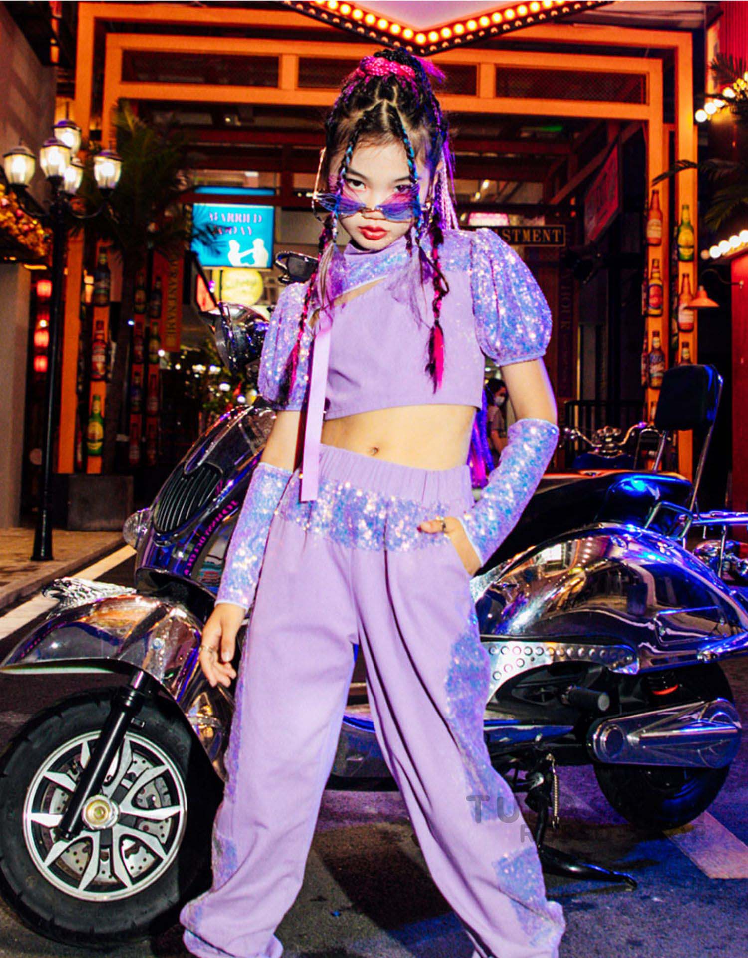 ダンス 衣装 キッズ 韓国 ガールズ 紫 ジャズダンス 応援団 HIPHOP スパンセットアップ ヒップホップ 練習着 