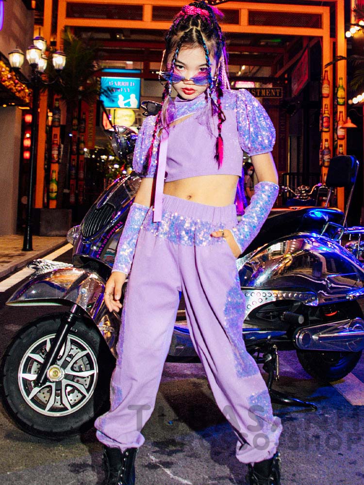 ダンス 衣装 キッズ 韓国 ガールズ 紫 ジャズダンス 応援団 HIPHOP スパンセットアップ ヒップホップ 練習着 