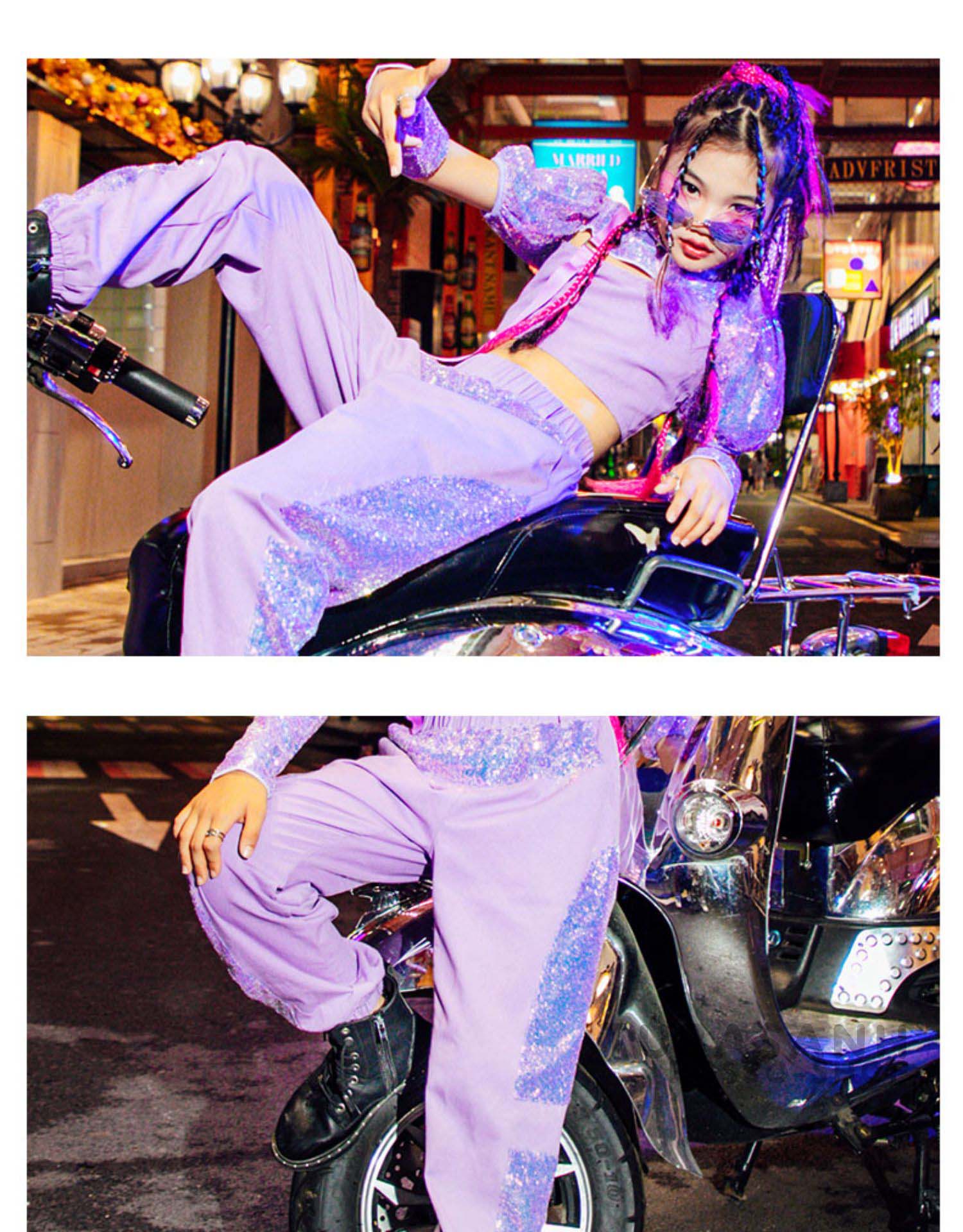 ダンス 衣装 キッズ 韓国 ガールズ 紫 ジャズダンス 応援団 HIPHOP スパンセットアップ ヒップホップ 練習着 