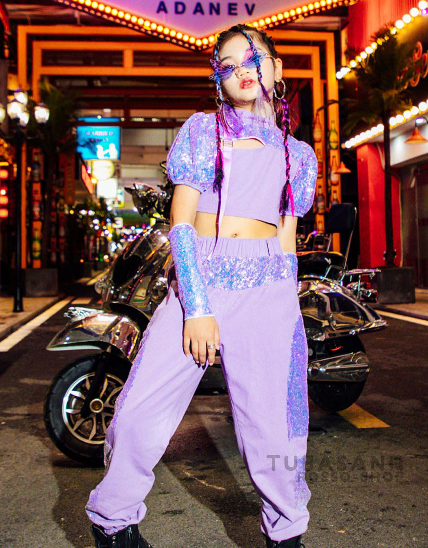 ダンス 衣装 キッズ 韓国 ガールズ 紫 ジャズダンス 応援団 HIPHOP スパンセットアップ ヒップホップ 練習着 