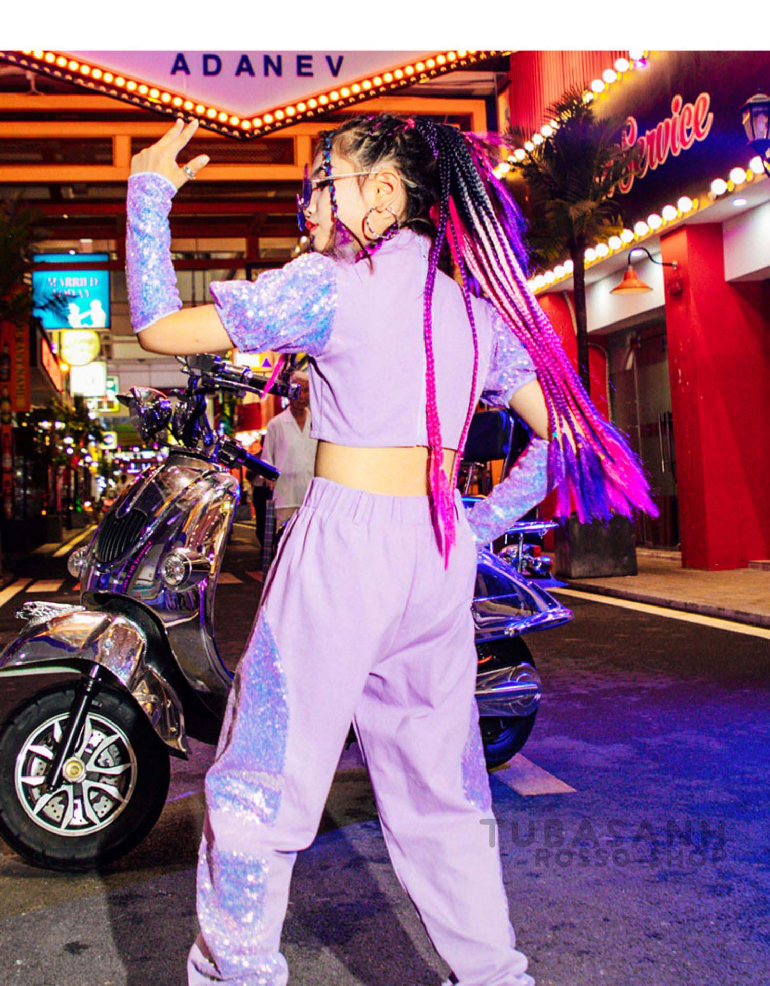 ダンス 衣装 キッズ 韓国 ガールズ 紫 ジャズダンス 応援団 HIPHOP スパンセットアップ ヒップホップ 練習着 