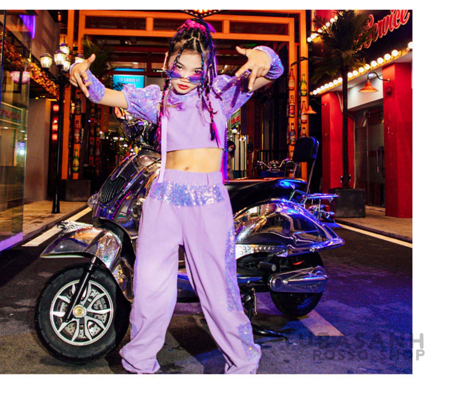 ダンス 衣装 キッズ 韓国 ガールズ 紫 ジャズダンス 応援団 HIPHOP スパンセットアップ ヒップホップ 練習着 