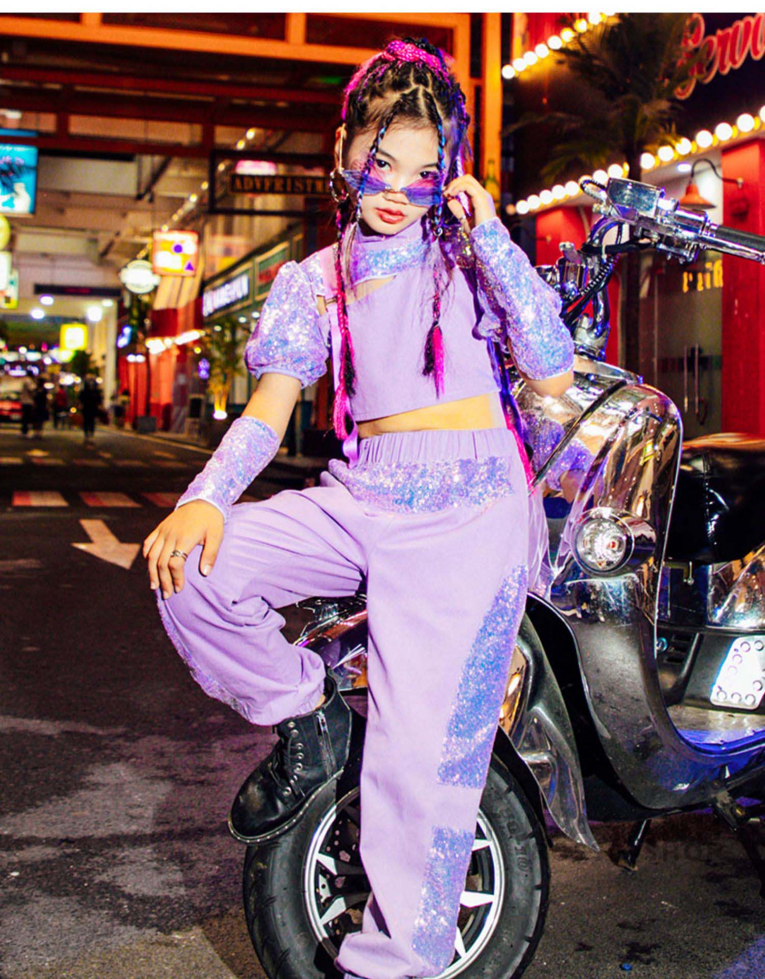 ダンス 衣装 キッズ 韓国 ガールズ 紫 ジャズダンス 応援団 HIPHOP スパンセットアップ ヒップホップ 練習着 