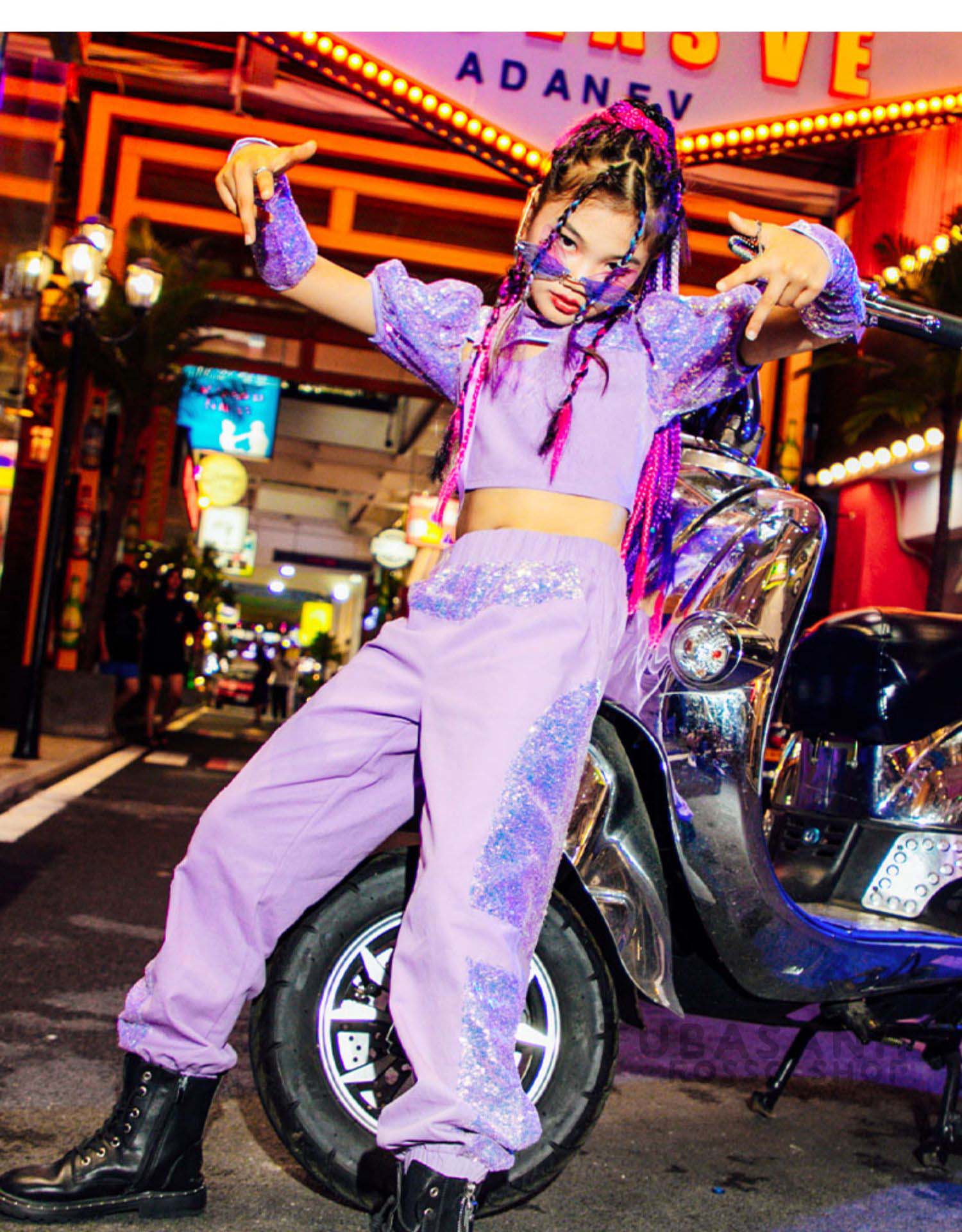 ダンス 衣装 キッズ 韓国 ガールズ 紫 ジャズダンス 応援団 HIPHOP スパンセットアップ ヒップホップ 練習着 