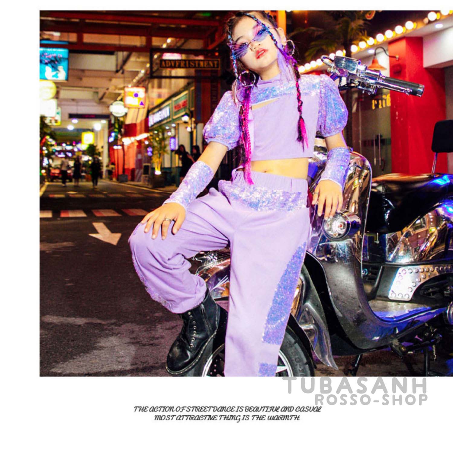 ダンス 衣装 キッズ 韓国 ガールズ 紫 ジャズダンス 応援団 HIPHOP スパンセットアップ ヒップホップ 練習着 