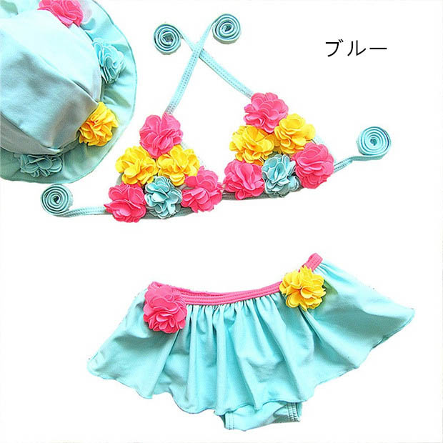 水着 女の子 ビキニ キッズ 3点セット 花柄 スイム 子供 KIDS ベビー ミズギ みずぎ スイムキャップ付 スクール ガールズ こども用 