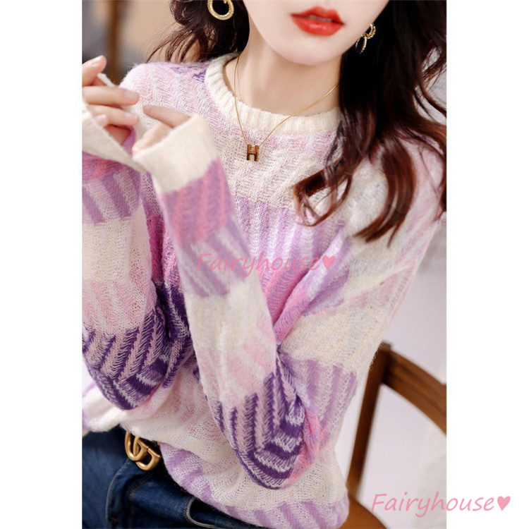 ニット セーター トップス レディース 秋冬 ラウンネック ニットインナー オシャレ 通勤 長袖ニット きれいめ 幾何柄 カジュアルニット 着痩せ サマーニット 