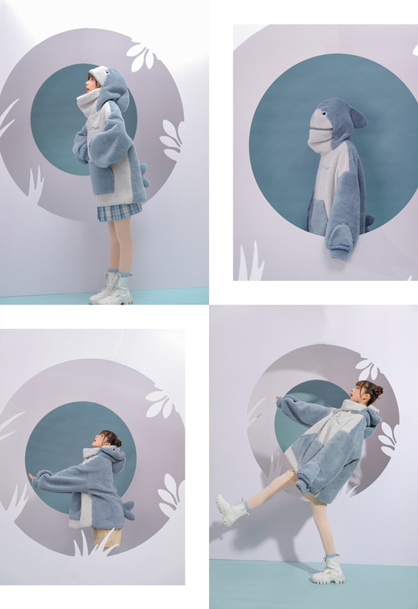 サメ もこもこ レディース 冬 部屋着 ボア 厚手 誕生日 長袖 コート プルオーバー トップス アウター 男女兼用 ゆったり 普段着 