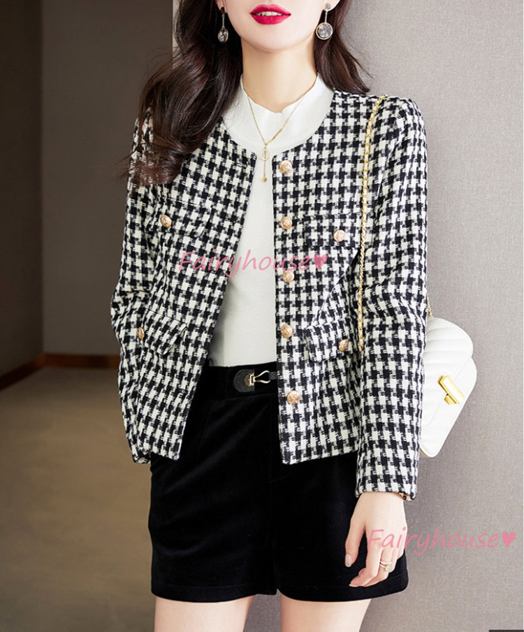 ツイードジャケット レディース 40代 長袖ノーカラージャケット 千鳥格子ショット丈ツイードコート 春コートアウター 秋服 入学式 卒業式 大人韓国風 通勤OL 