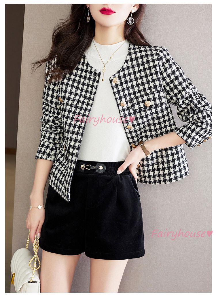 ツイードジャケット レディース 40代 長袖ノーカラージャケット 千鳥格子ショット丈ツイードコート 春コートアウター 秋服 入学式 卒業式 大人韓国風 通勤OL 