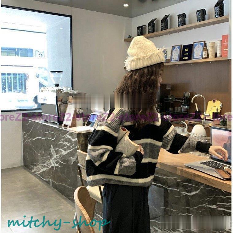 ニットトップス レディース 秋冬 40代 長袖 ニットトップス 30代 ボーダー柄セーター ゆったりプルオーバー 50.代 韓国風 ショット丈ニットソー オシャレ秋服 